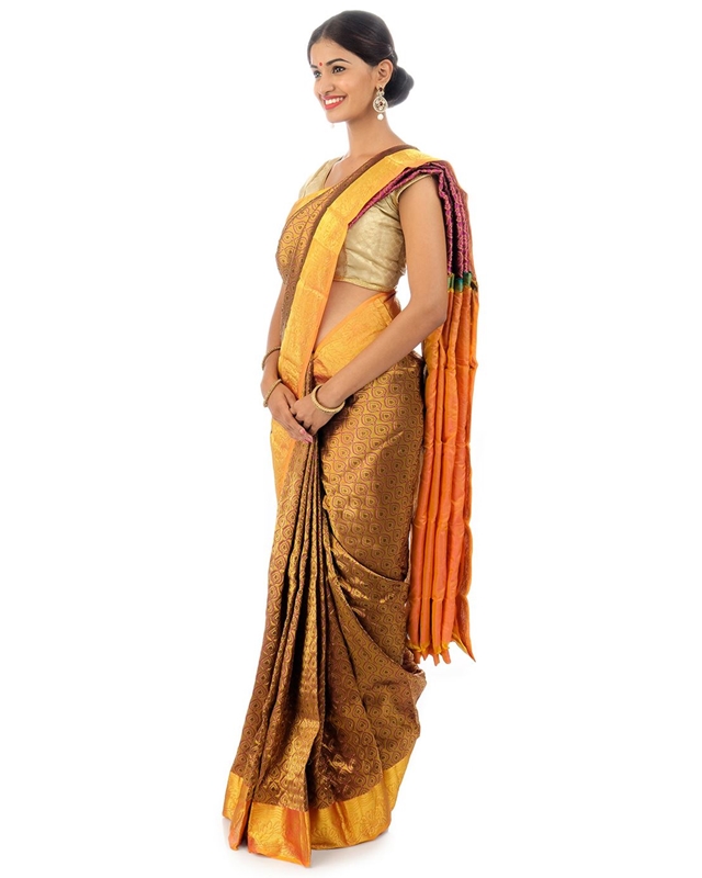 Picture of Yellow Color Banarasi Saree in Self & Pink Buta Design with Floral Tree Design Border 