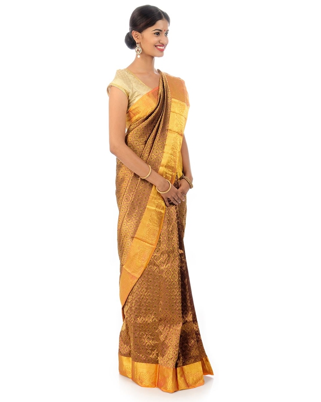 Picture of Yellow Color Banarasi Saree in Self & Pink Buta Design with Floral Tree Design Border 