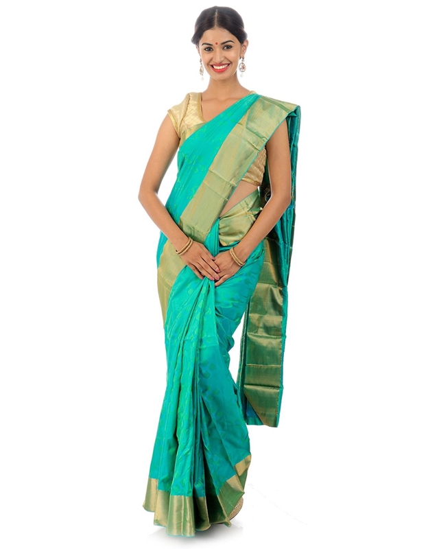 Picture of Spring Green Mysore Silk Saree in Brocade design with Rich Golden Zari Border