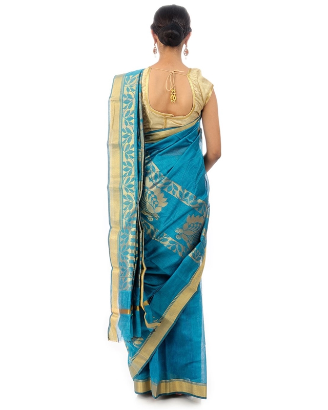 Picture of Dodger Blue Colored Hand Woven Cotton Shari Crafted with Lord Krishna Design