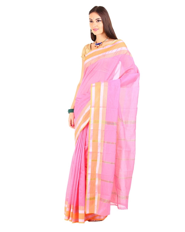 Picture of Shaded Pink Cotton Shari Woven with Contrast Zari Border