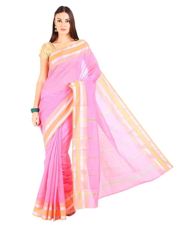 Picture of Shaded Pink Cotton Shari Woven with Contrast Zari Border