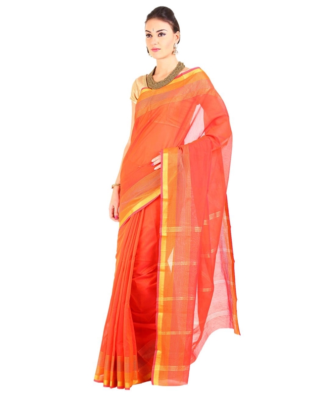 Picture of Light Orange Cotton Shari Woven with Striped Zari Border