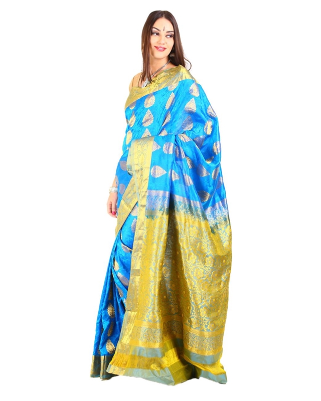 Picture of Deep Sky Blue Mysore Silk Shari Crafted with Wide Contrast Floral and Mango Design Zari Border