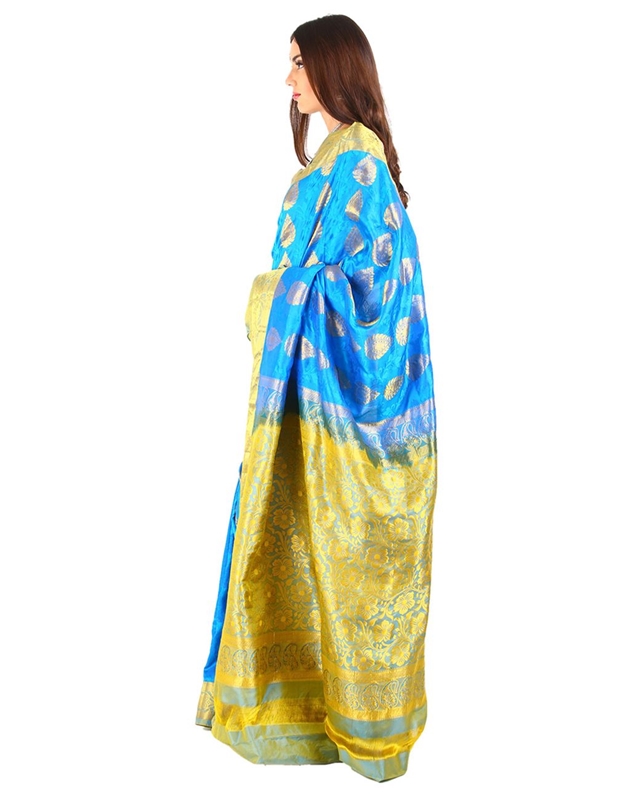 Picture of Deep Sky Blue Mysore Silk Shari Crafted with Wide Contrast Floral and Mango Design Zari Border