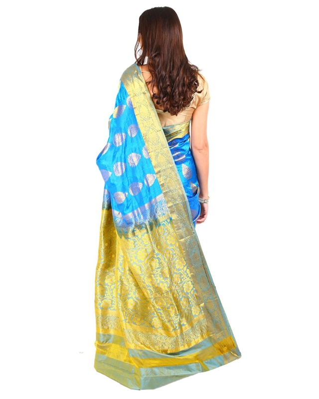 Picture of Deep Sky Blue Mysore Silk Shari Crafted with Wide Contrast Floral and Mango Design Zari Border