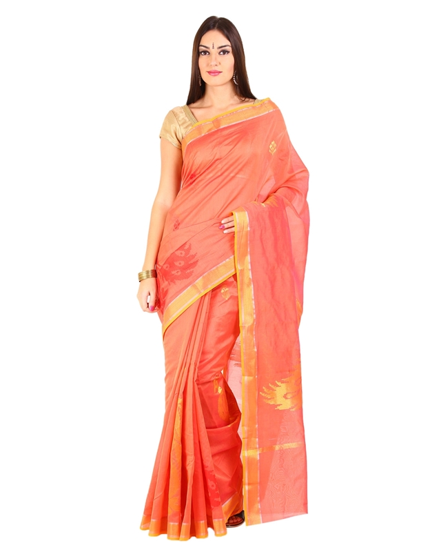 Picture of Flamed Orange Hand Woven Cotton Shari Crafted with Peacock Design