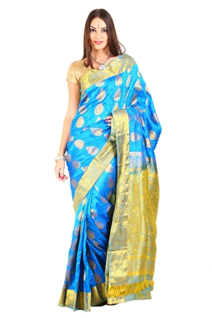 Picture of Deep Sky Blue Mysore Silk Shari Crafted with Wide Contrast Floral and Mango Design Zari Border