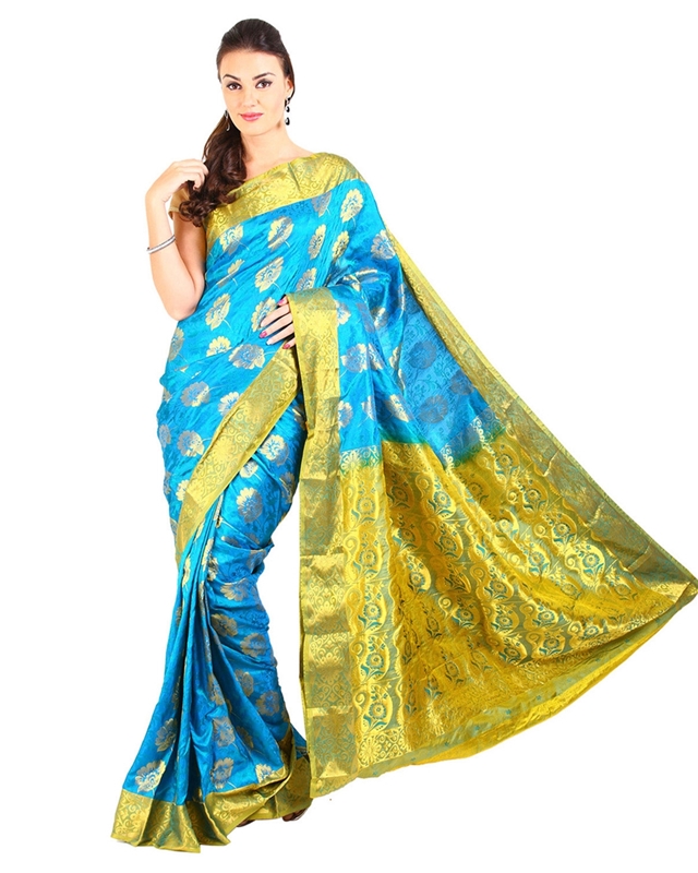 Picture of Sky Blue Color Mysore Silk Saree in Rich Floral Design with Green Zari Border