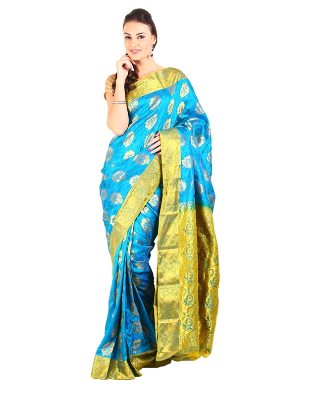 Picture of Sky Blue Color Mysore Silk Saree in Rich Floral Design with Green Zari Border