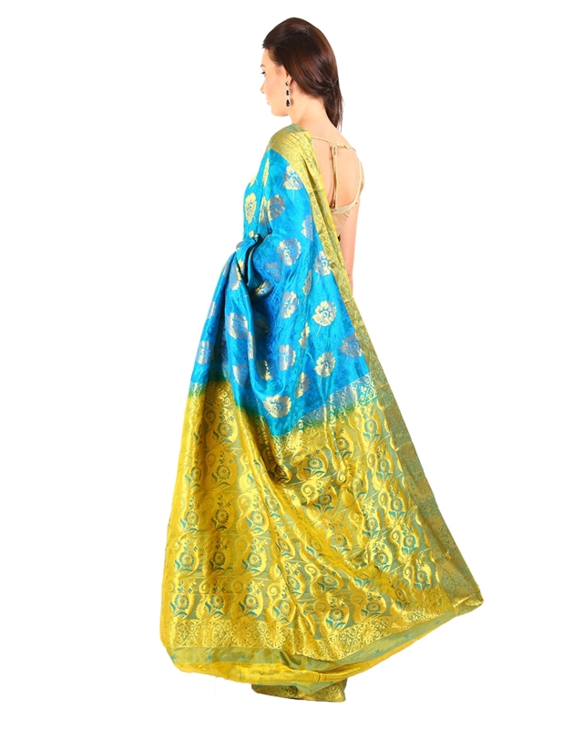 Picture of Sky Blue Color Mysore Silk Saree in Rich Floral Design with Green Zari Border