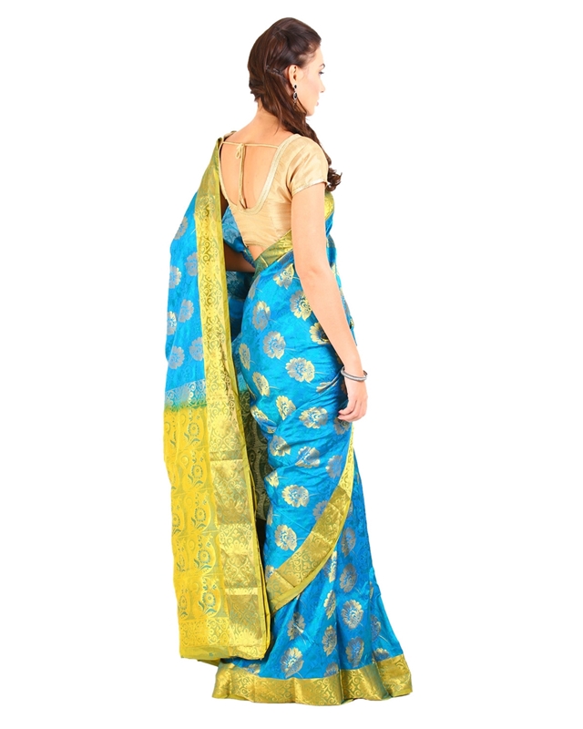 Picture of Sky Blue Color Mysore Silk Saree in Rich Floral Design with Green Zari Border