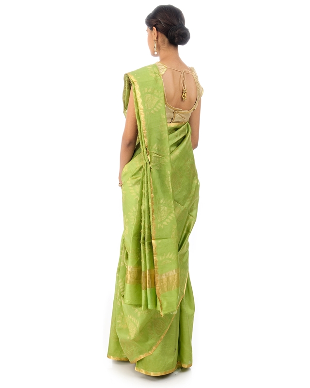 Picture of Pista Green Colored Hand Woven Cotton Shari Crafted with Lotus Art Design