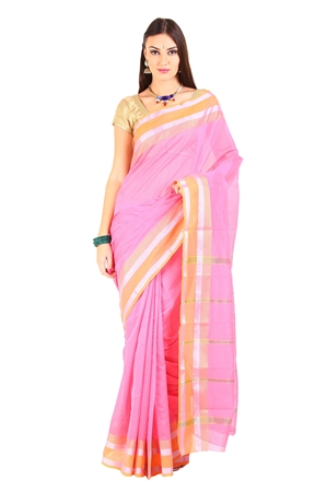 Picture of Shaded Pink Cotton Shari Woven with Contrast Zari Border