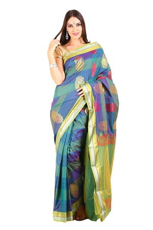 Picture of Teal Colored Hand Woven Zari Striped Cotton Shari Crafted with Floral Mango Design