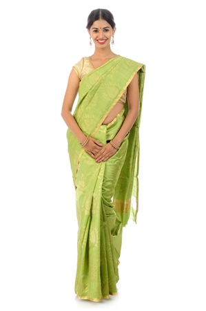 Picture of Pista Green Colored Hand Woven Cotton Shari Crafted with Lotus Art Design