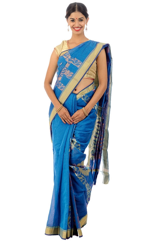 Picture of Dodger Blue Colored Hand Woven Cotton Shari Crafted with Lord Krishna Design