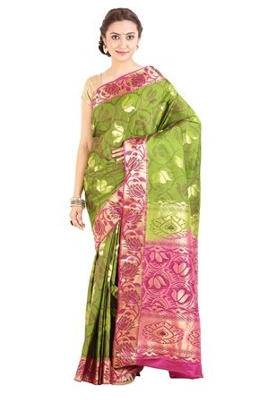 Picture of Parrot Green Color Kanchipuram/Kanjeevaram Silk Saree with Pink Border