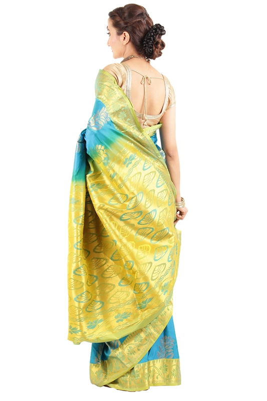 Picture of Sea Blue Colour Kanchipuram Designer Silk Saree with Leafy Art Motifs