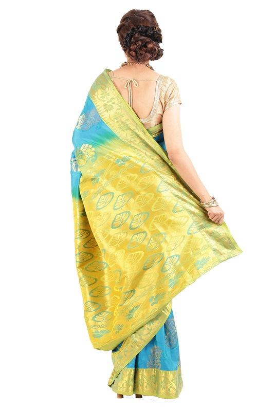 Picture of Sea Blue Colour Kanchipuram Designer Silk Saree with Leafy Art Motifs