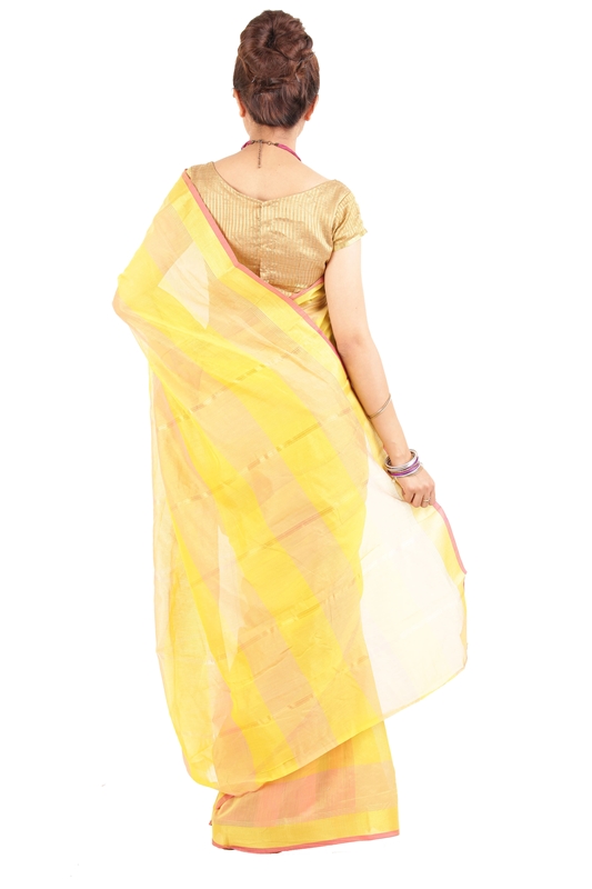 Picture of Lucent Yellow Pure Cotton Shari Designed with Striped Border