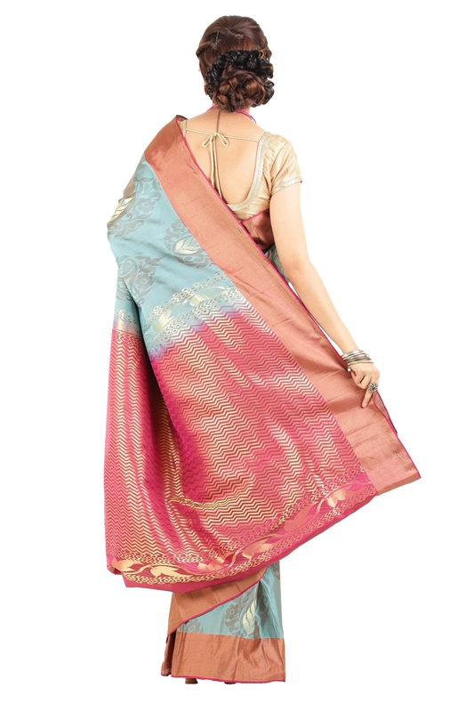 Picture of Light Blue Mysore Silk Saree with Pink Border and Pallu in Curved Stripes Zari Design 