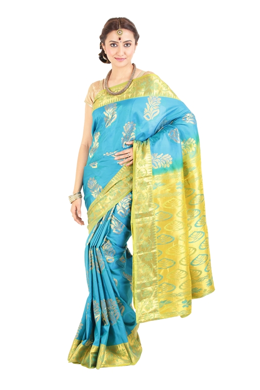 Picture of Sea Blue Colour Kanchipuram Designer Silk Saree with Leafy Art Motifs