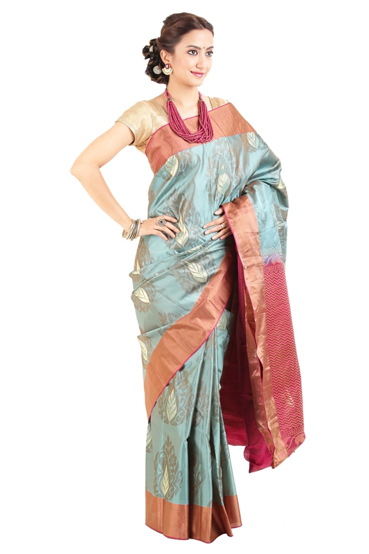 Picture of Light Blue Mysore Silk Saree with Pink Border and Pallu in Curved Stripes Zari Design 