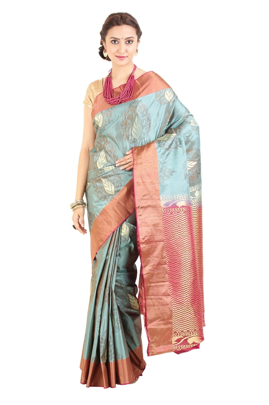 Picture of Light Blue Mysore Silk Saree with Pink Border and Pallu in Curved Stripes Zari Design 