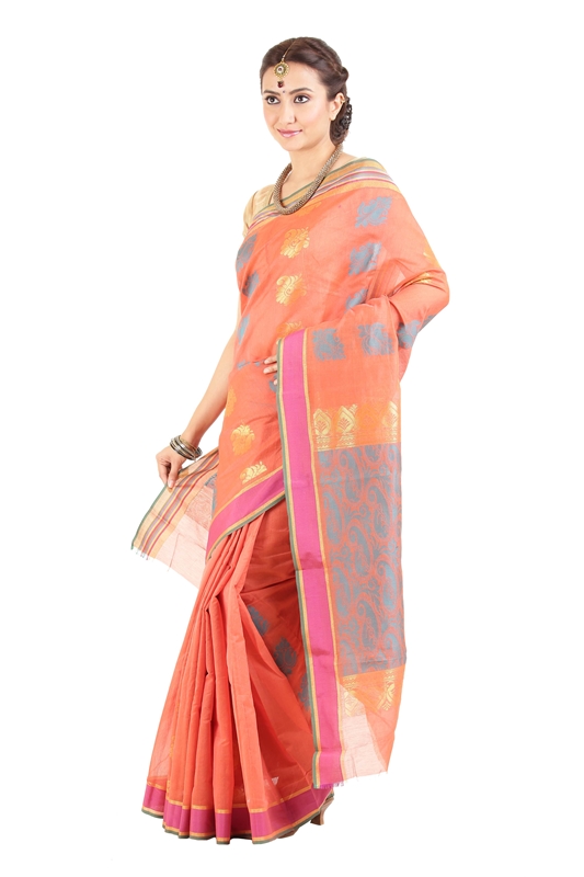 Picture of Orange Color Cotton and Silk Saree with Pink Border