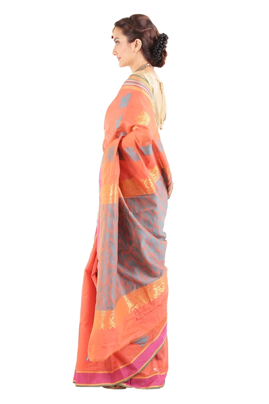 Picture of Orange Color Cotton and Silk Saree with Pink Border