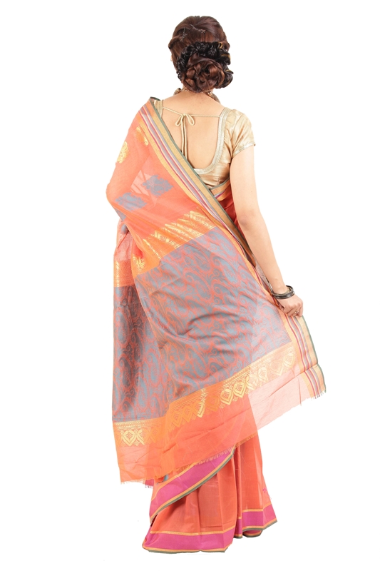 Picture of Orange Color Cotton and Silk Saree with Pink Border