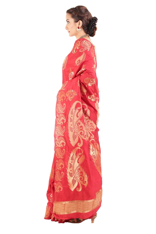 Picture of Dark Red & Yellow Pure Silk Shari Finely Carved with Floral Leafy Design