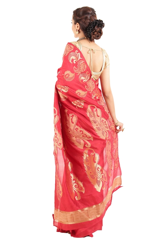 Picture of Dark Red & Yellow Pure Silk Shari Finely Carved with Floral Leafy Design