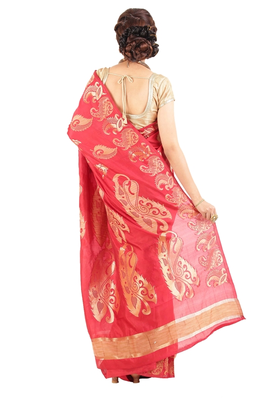 Picture of Dark Red & Yellow Pure Silk Shari Finely Carved with Floral Leafy Design