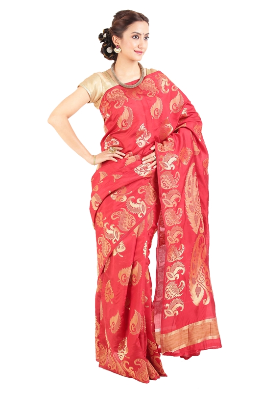 Picture of Dark Red & Yellow Pure Silk Shari Finely Carved with Floral Leafy Design