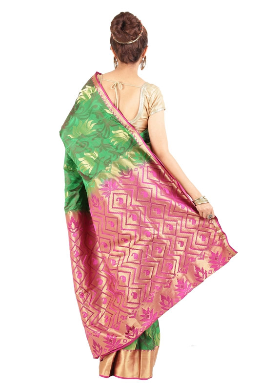 Picture of Green Banarasi Silk Saree with Lotus Design Motifs