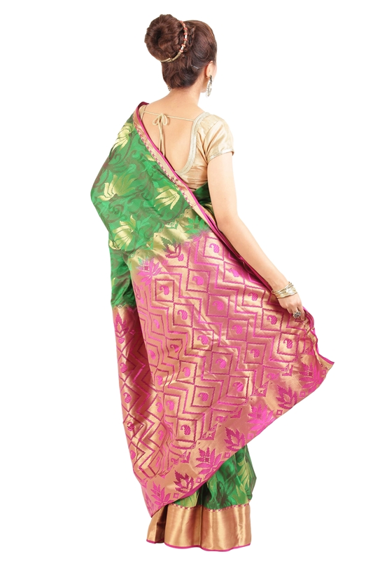 Picture of Green Banarasi Silk Saree with Lotus Design Motifs