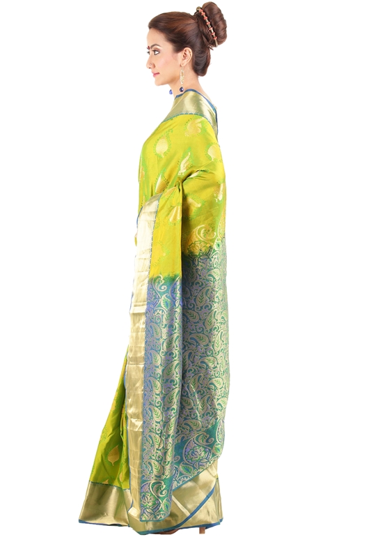 Picture of Crimson Yellow & Teal Green Pure Silk Bridal Shari Crafted with Artistic Leafy Motives