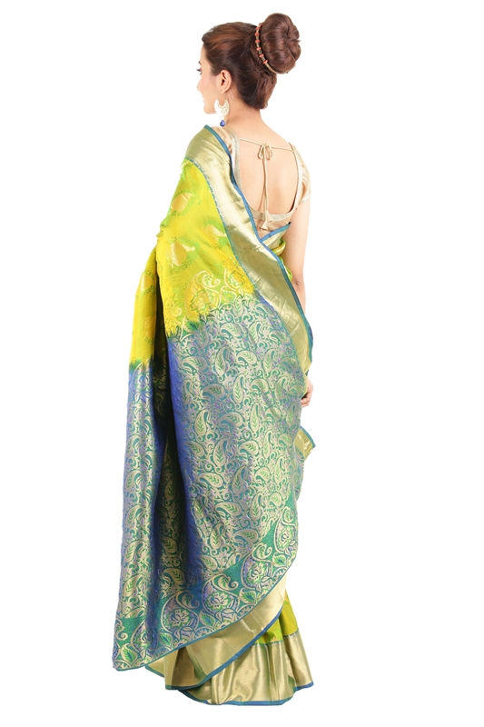 Picture of Crimson Yellow & Teal Green Pure Silk Bridal Shari Crafted with Artistic Leafy Motives