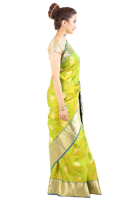 Picture of Crimson Yellow & Teal Green Pure Silk Bridal Shari Crafted with Artistic Leafy Motives