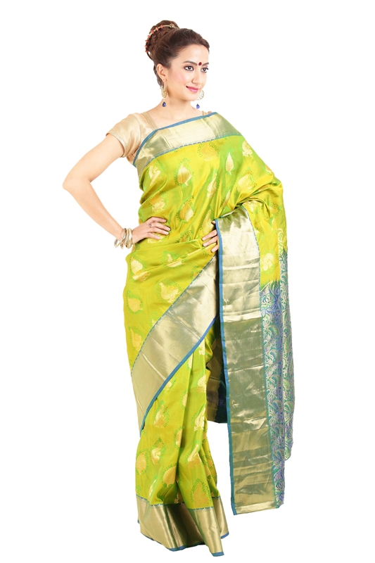 Picture of Crimson Yellow & Teal Green Pure Silk Bridal Shari Crafted with Artistic Leafy Motives