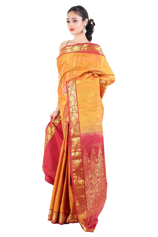 Picture of Yellow Colour Kanchipuram Silk Saree with Red Border in Zari Flower Motifs