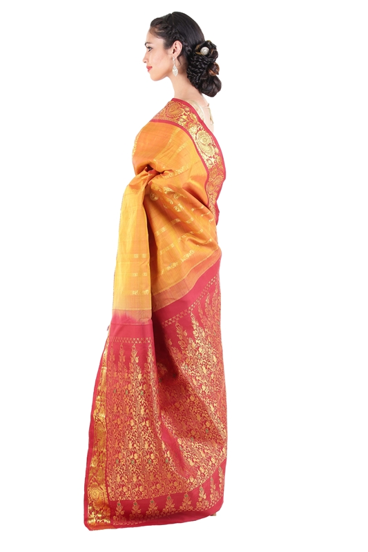 Picture of Yellow Colour Kanchipuram Silk Saree with Red Border in Zari Flower Motifs