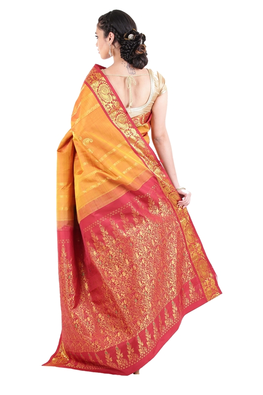 Picture of Yellow Colour Kanchipuram Silk Saree with Red Border in Zari Flower Motifs