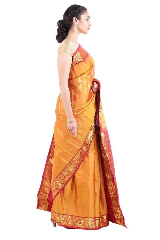 Picture of Yellow Colour Kanchipuram Silk Saree with Red Border in Zari Flower Motifs