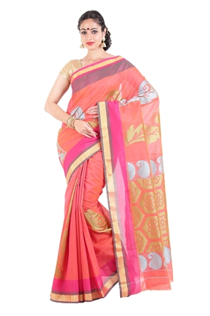 Picture of Orange Colour Handwoven Cotton Saree with Golden Border