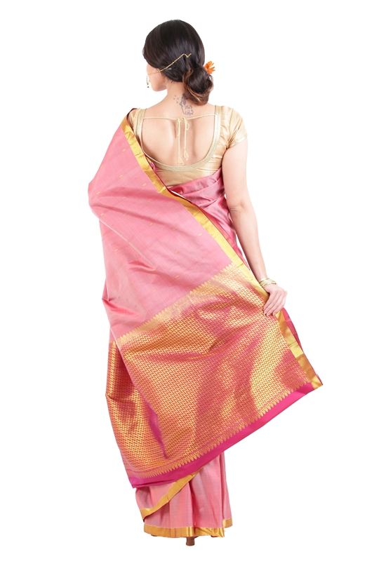 Picture of Orange Color/Colour Kanchipuram Silk Saree with Satin Zari Border