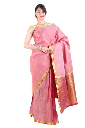 Picture of Orange Color/Colour Kanchipuram Silk Saree with Satin Zari Border