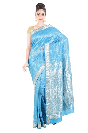 Picture of Sky Blue Banarasi Silk Saree with Silver Peepal Leaf Design Border